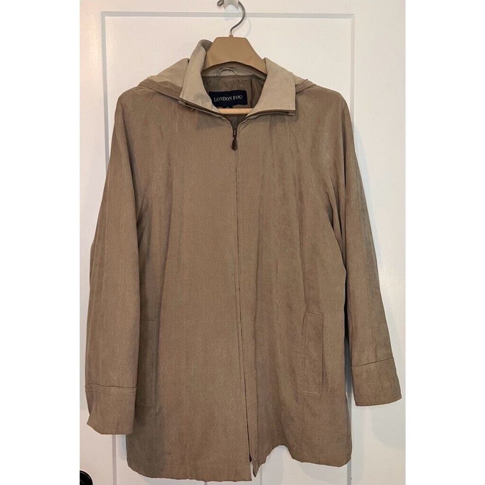 London Fog Womens Coat Tan Full Zip Removable Hood Pockets Lined Hip Length MED